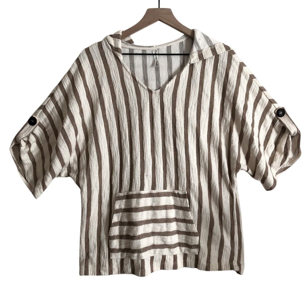 Perseption Concept Beach Brown White Striped Short Sleeve Hoodie Sweater Large